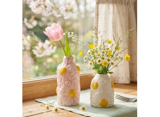 Růžová keramická vázička s reliéfem květů Jane Flower - Ø 7*16 cm