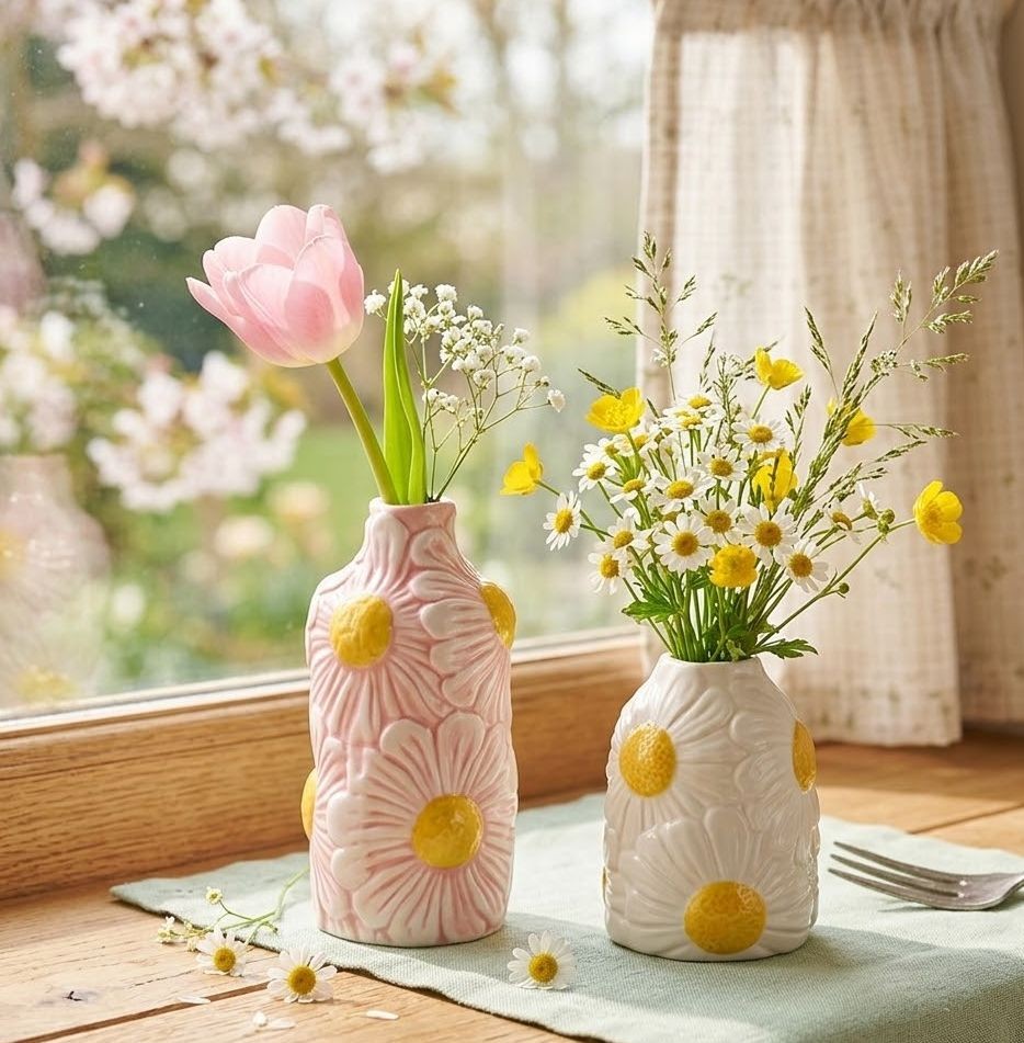 Růžová keramická vázička s reliéfem květů Jane Flower - Ø 7*16 cm