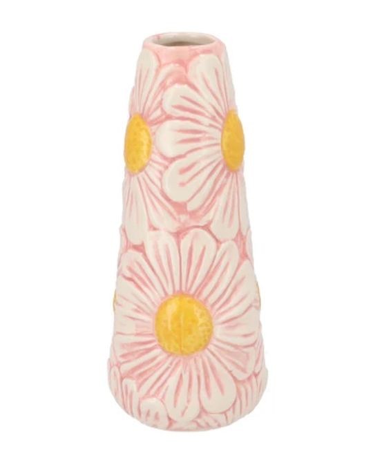 Růžová keramická vázička s reliéfem květů Jane Flower - Ø 8*18 cm