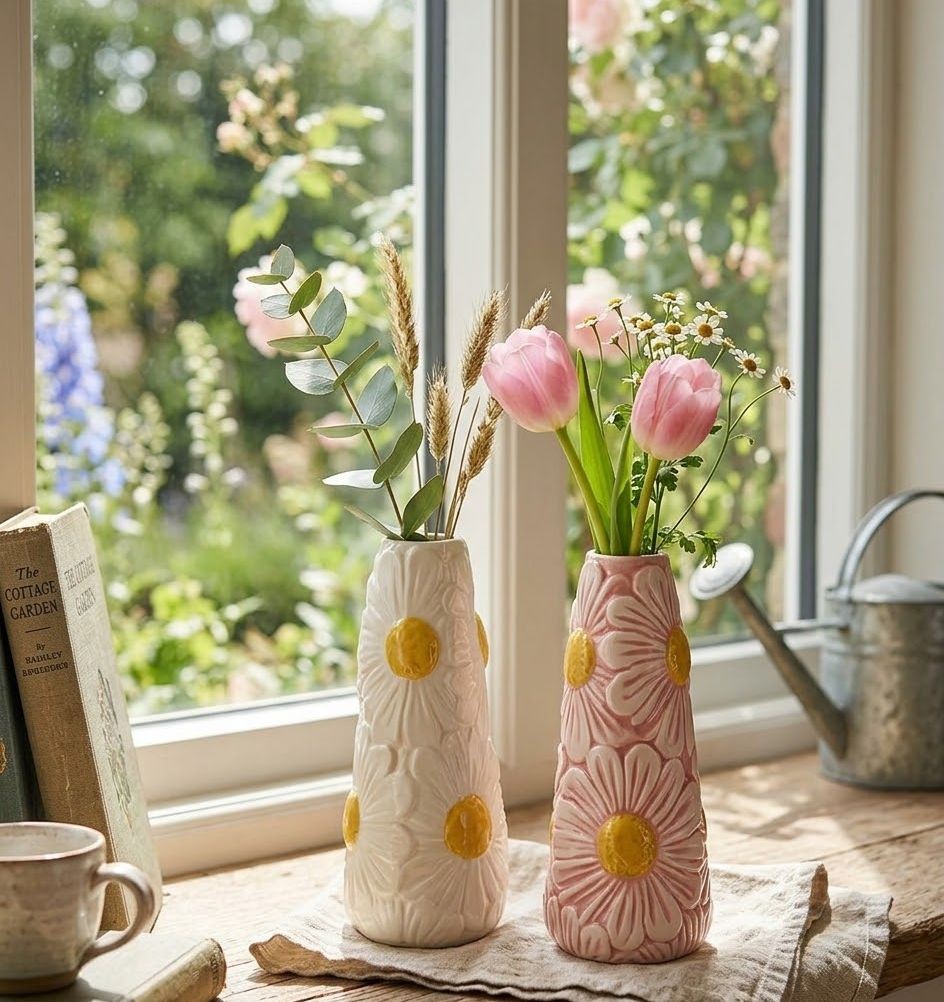 Růžová keramická vázička s reliéfem květů Jane Flower - Ø 8*18 cm