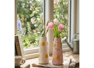 Bílá keramická vázička s reliéfem květů Jane Flower - Ø 8*18 cm