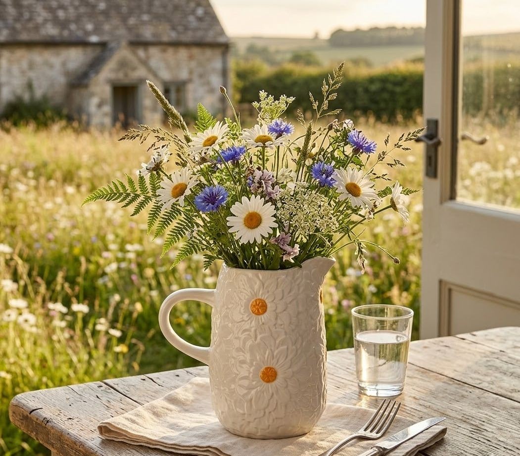 Bílý keramický džbán s reliéfem květů Jane Flower - 20*14*20 cm