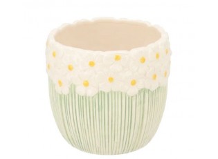 Bílo-zelený obal na květináč s reliéfem květů Jane Flower - Ø 10*9 cm