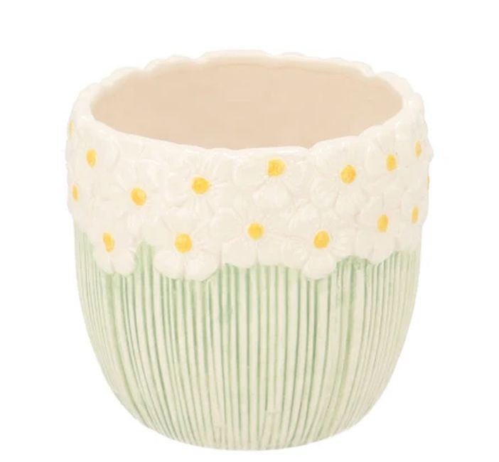 Levně Bílo-zelený obal na květináč s reliéfem květů Jane Flower - Ø 10*9 cm 580094