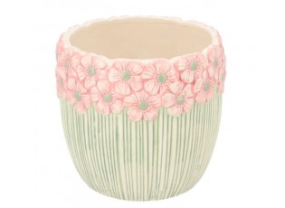 Růžovo-zelený obal na květináč s reliéfem květů Jane Flower - Ø 15*13 cm