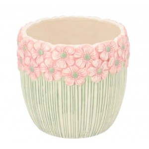Růžovo-zelený obal na květináč s reliéfem květů Jane Flower - Ø 13*11cm