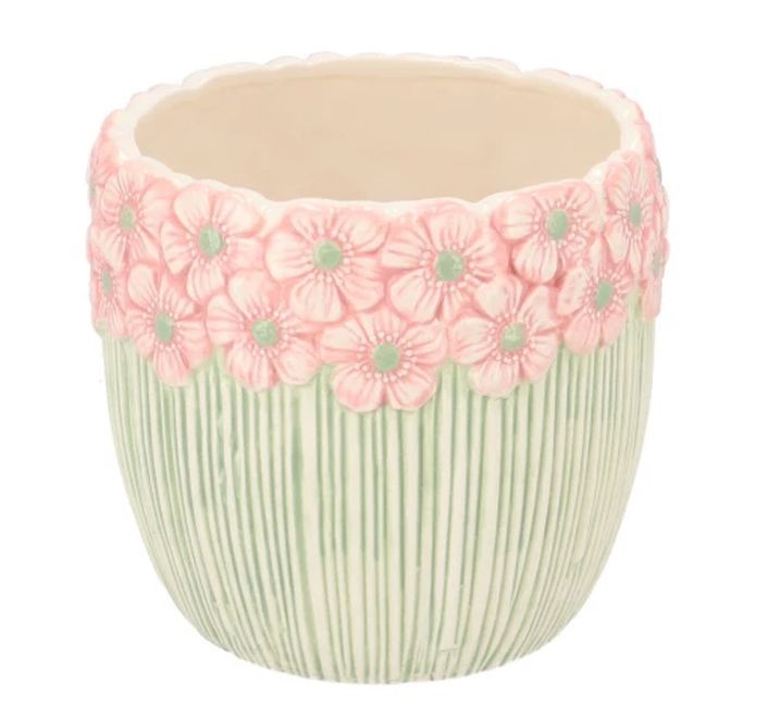 Růžovo-zelený obal na květináč s reliéfem květů Jane Flower - Ø 15*13 cm
