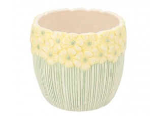 Žluto-zelený obal na květináč s reliéfem květů Jane Flower - Ø 15*13 cm