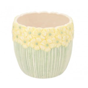 Žluto-zelený obal na květináč s reliéfem květů Jane Flower - Ø 15*13 cm