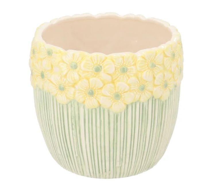 Žluto-zelený obal na květináč s reliéfem květů Jane Flower - Ø 15*13 cm