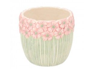 Růžovo-zelený obal na květináč s reliéfem květů Jane Flower - Ø 13*11cm