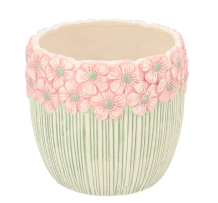 Růžovo-zelený obal na květináč s reliéfem květů Jane Flower - Ø 13*11cm
