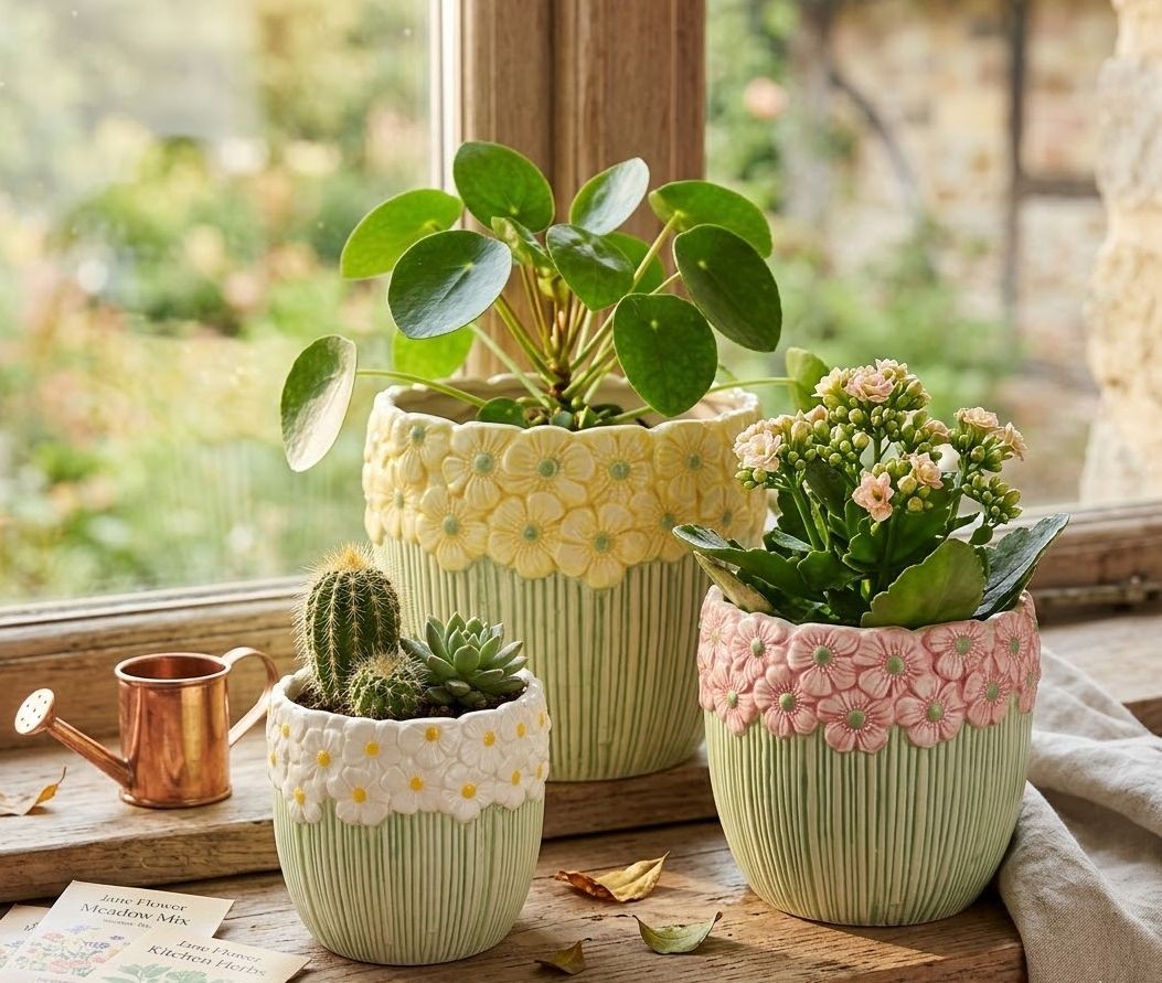 Růžovo-zelený obal na květináč s reliéfem květů Jane Flower - Ø 15*13 cm