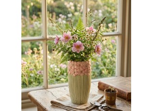 Růžovo-zelená váza s reliéfem květů Jane Flower - Ø 11*21 cm