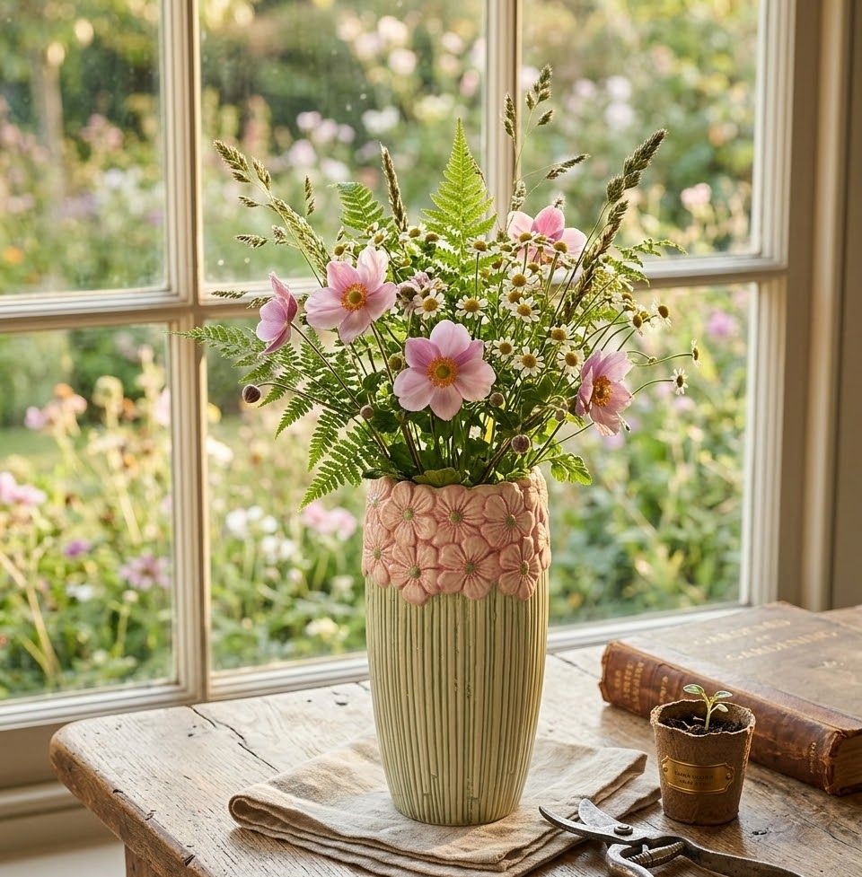 Růžovo-zelená váza s reliéfem květů Jane Flower - Ø 11*21 cm