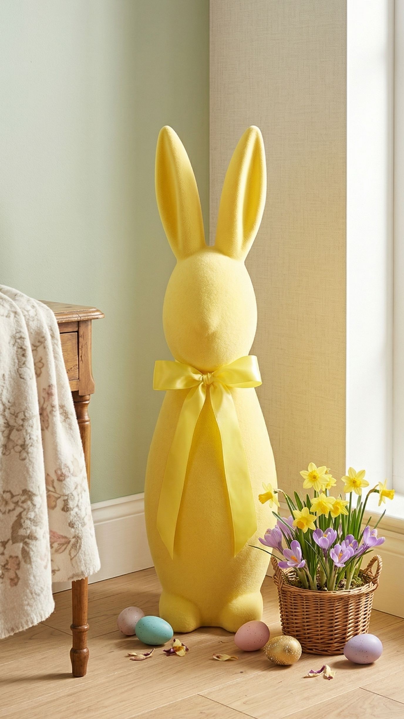 Žlutý veliký zajíc s mašlí Bunny Easter Flock XL - 20*20*70 cm