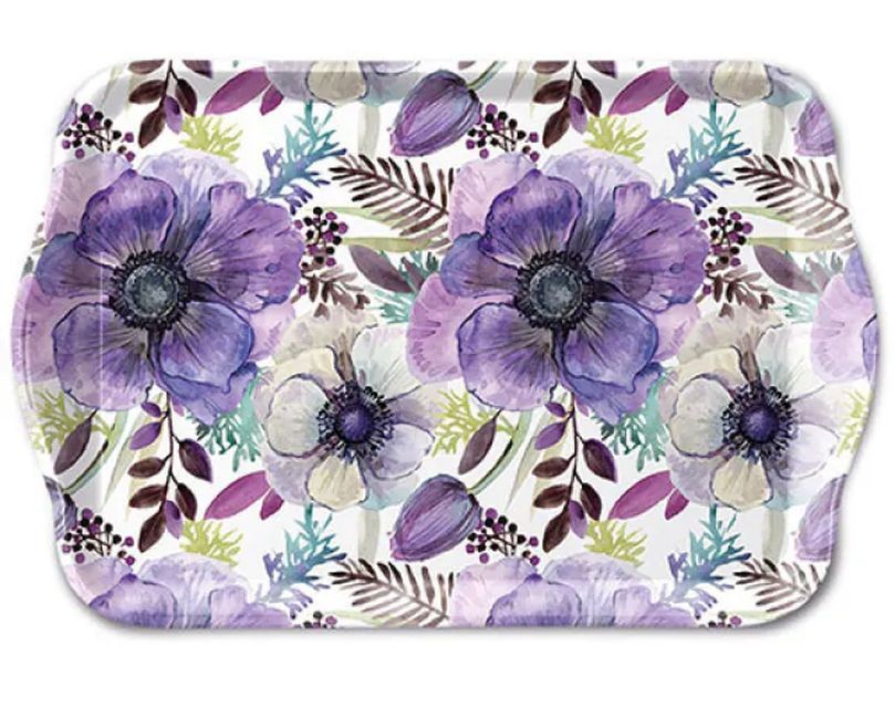Levně Bílý melaminový tácek s fialovými sasankami Purple Dream - 13*21 cm 13719340