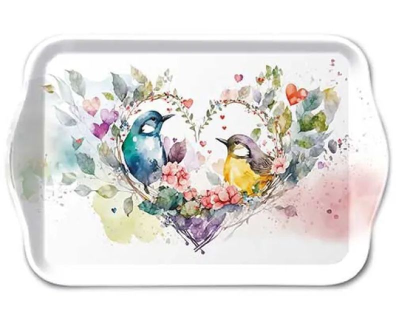 Levně Bílý melaminový tácek s ptáčky Loving Birds - 13*21 cm 13718435