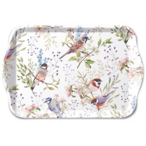 Bílý melaminový tácek s ptáčky Busy Birds - 13*21 cm