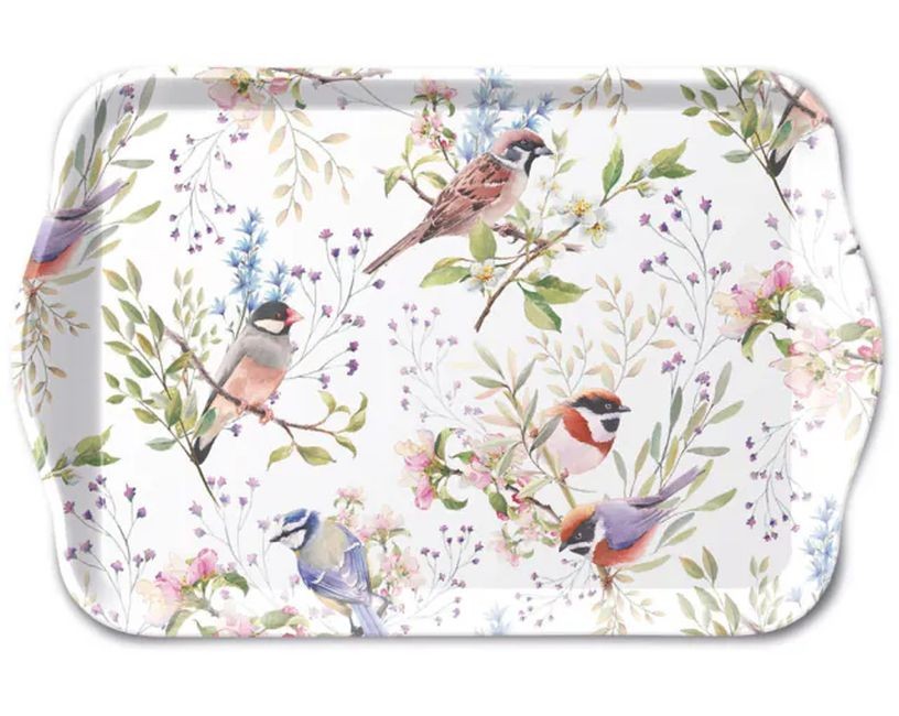 Levně Bílý melaminový tácek s ptáčky Busy Birds - 13*21 cm 13720390