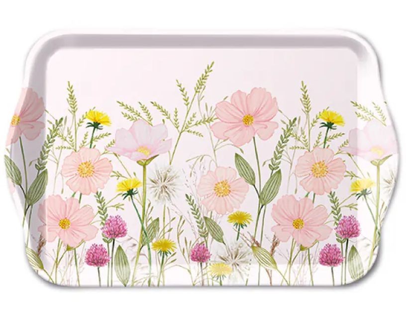 Levně Bílý melaminový tácek s růžovými květy Flowers Pink - 13*21 cm 13720345