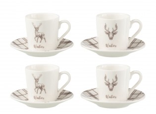 Set 4ks bílo-hnědý hrnek s jelenem v krabičce Coffee Deer - Ø 11*6 cm / 80ml