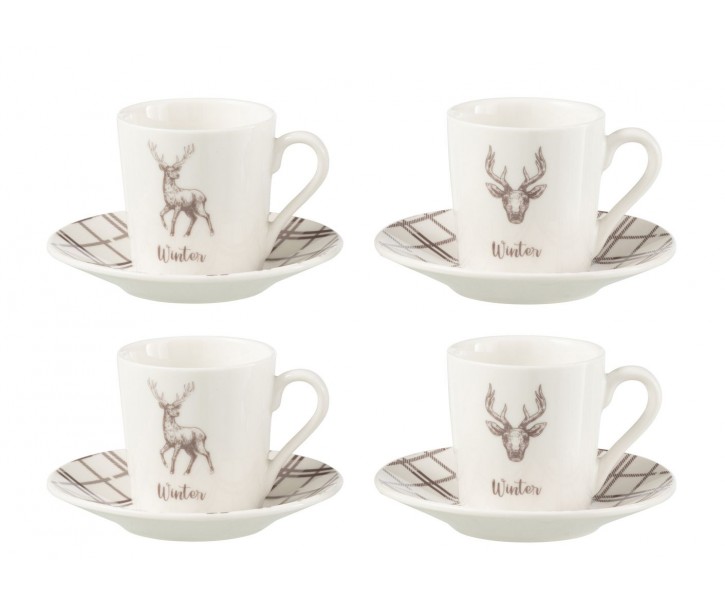 Set 4ks bílo-hnědý hrnek s jelenem v krabičce Coffee Deer - Ø 11*6 cm / 80ml J-Line by Jolipa