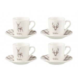 Set 4ks bílo-hnědý hrnek s jelenem v krabičce Coffee Deer - Ø 11*6 cm / 80ml