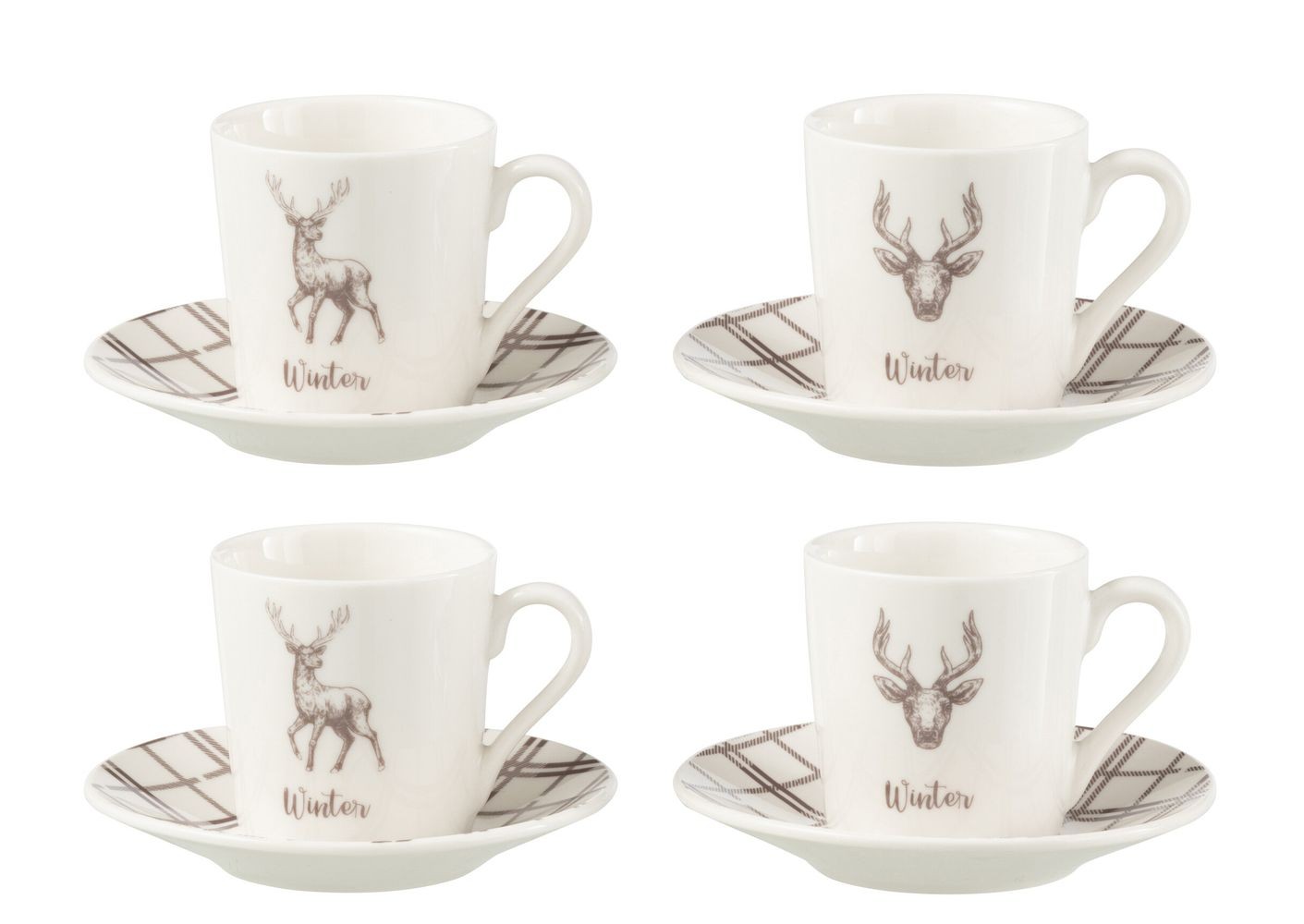 Levně Set 4ks bílo-hnědý hrnek s jelenem v krabičce Coffee Deer - Ø 11*6 cm / 80ml 49246