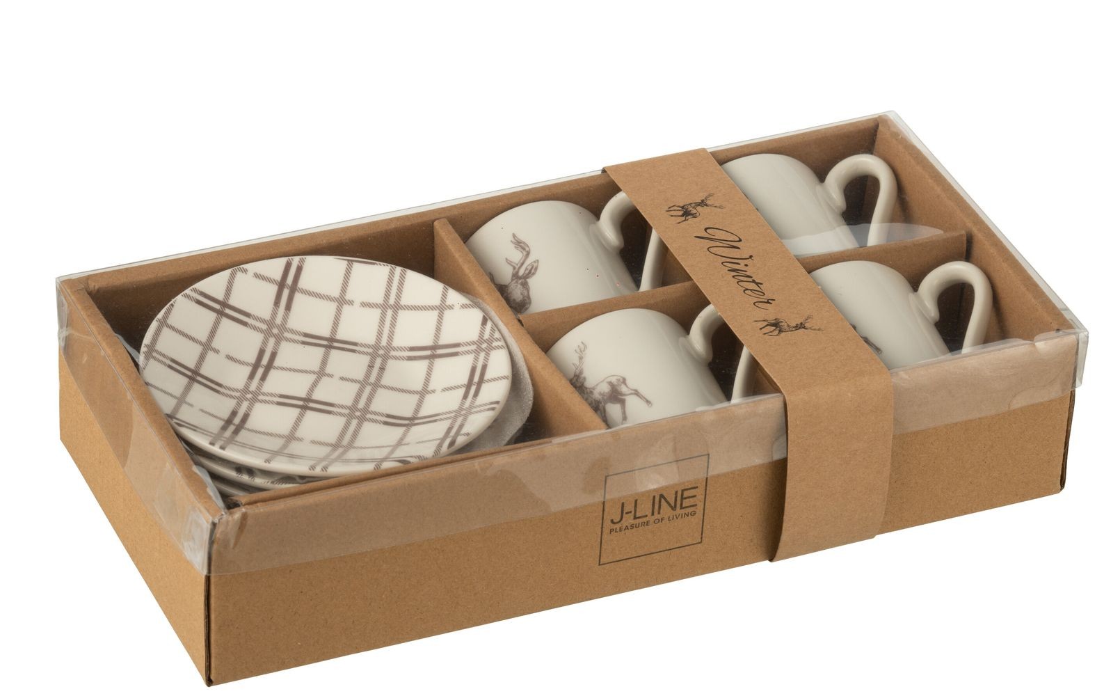 Set 4ks bílo-hnědý hrnek s jelenem v krabičce Coffee Deer - Ø 11*6 cm / 80ml
