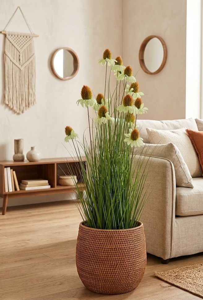 Dekorativní okrasná tráva s květy Cosmos v květináči – 120 cm J-Line by Jolipa Dekorativní okrasná tráva s květy Cosmos v květináči – 120 cm J-Line by Jolipa