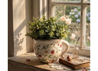 Béžový keramický obal na květináč s jahůdkami Wild Strawberries - 17*14*12 cm