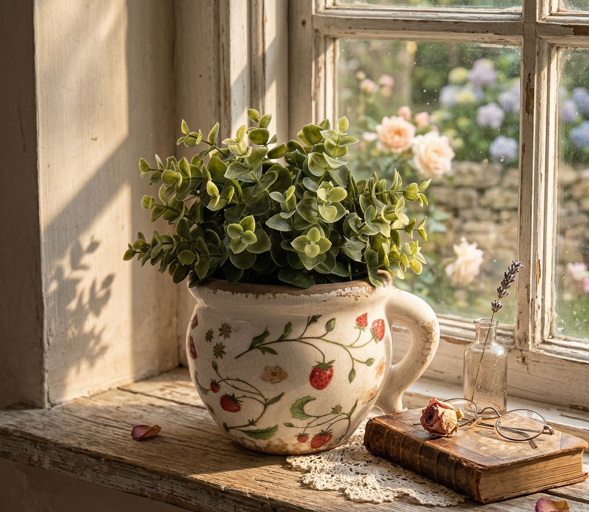 Béžový keramický obal na květináč s jahůdkami Wild Strawberries - 17*14*12 cm