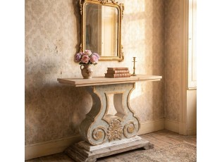 Béžový antik dřevěný odkládací stůl se zdobenou nohou Vinia - 121*40*99 cm