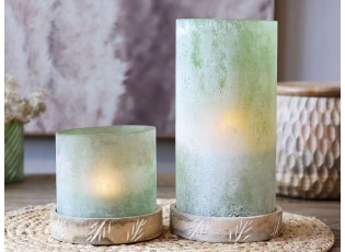 Zelený skleněný svícen s podstavcem z mangového dřeva - Ø 12*11 cm