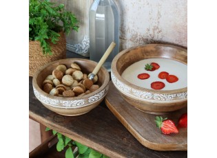 Dřevěná miska z mangového dřeva s řezbami Tours - Ø 20*9 cm / 900ml