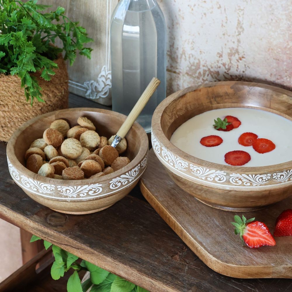 Dřevěná miska z mangového dřeva s řezbami Tours - Ø 20*9 cm / 900ml
