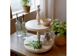 2-patrový dřevěný etažér z mangového dřeva s řezbami Tours - Ø 30*45 cm