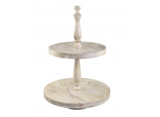 2-patrový dřevěný etažér z mangového dřeva s řezbami Tours - Ø 30*45 cm