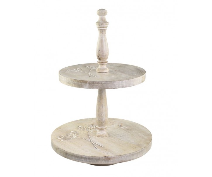 2-patrový dřevěný etažér z mangového dřeva s řezbami Tours - Ø 30*45 cm Chic Antique