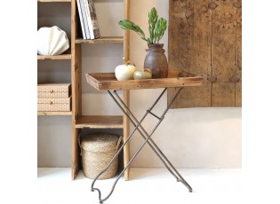 Hnědý odkládací skládací stolek s dřevěným podnosem - 70*35*80 cm