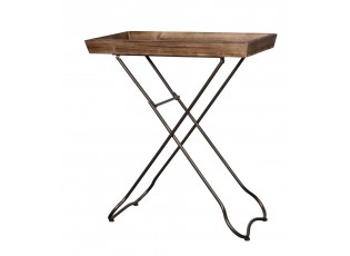 Hnědý odkládací skládací stolek s dřevěným podnosem - 70*35*80 cm