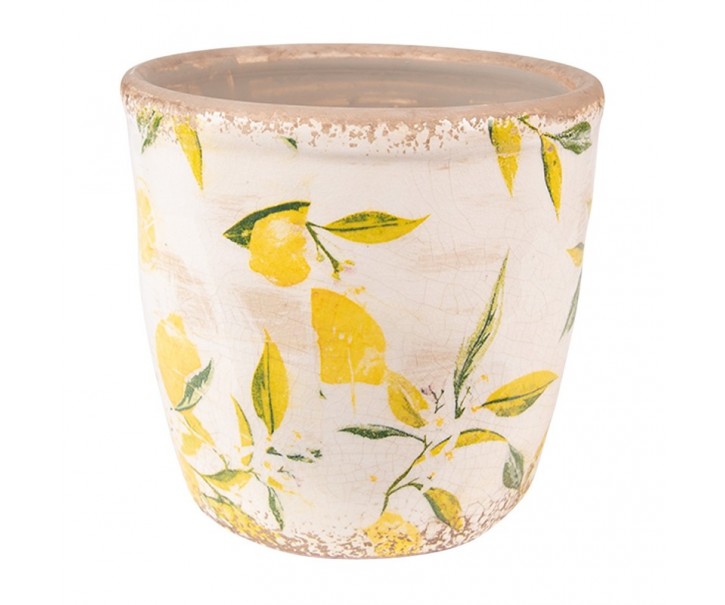 Béžový keramický obal na květináč s citróny - Ø 13*12 cm Clayre & Eef