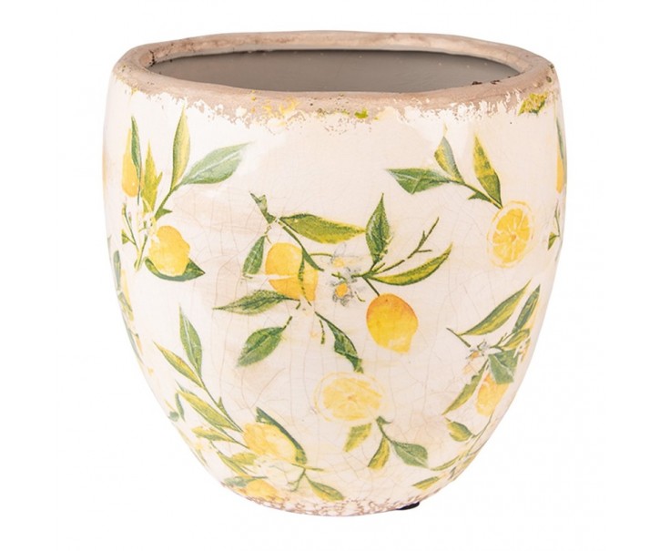 Béžový keramický obal na květináč s citróny Lemonio S - Ø14*14 cm Clayre & Eef