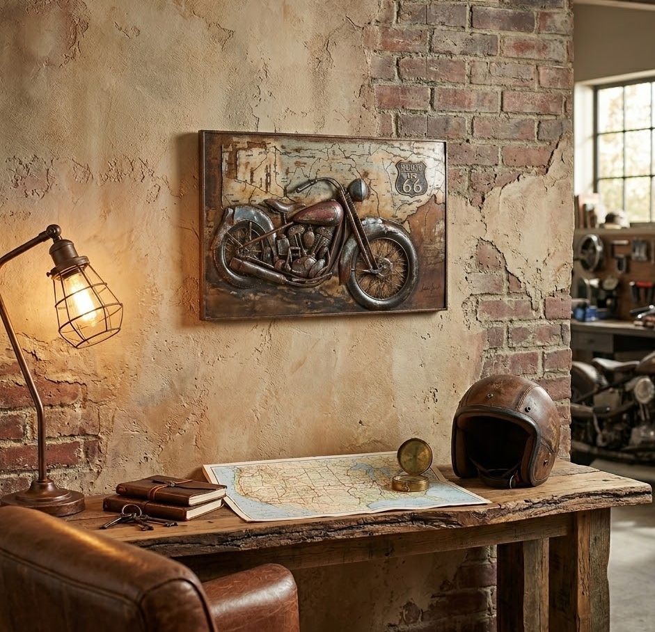 Kovový nástěnný 3D obraz s motorkou Route 66 - 60*4*40 cm