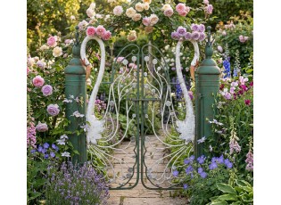 Zelená zahradní branka s labutěmi Brocante - 132*31*138 cm