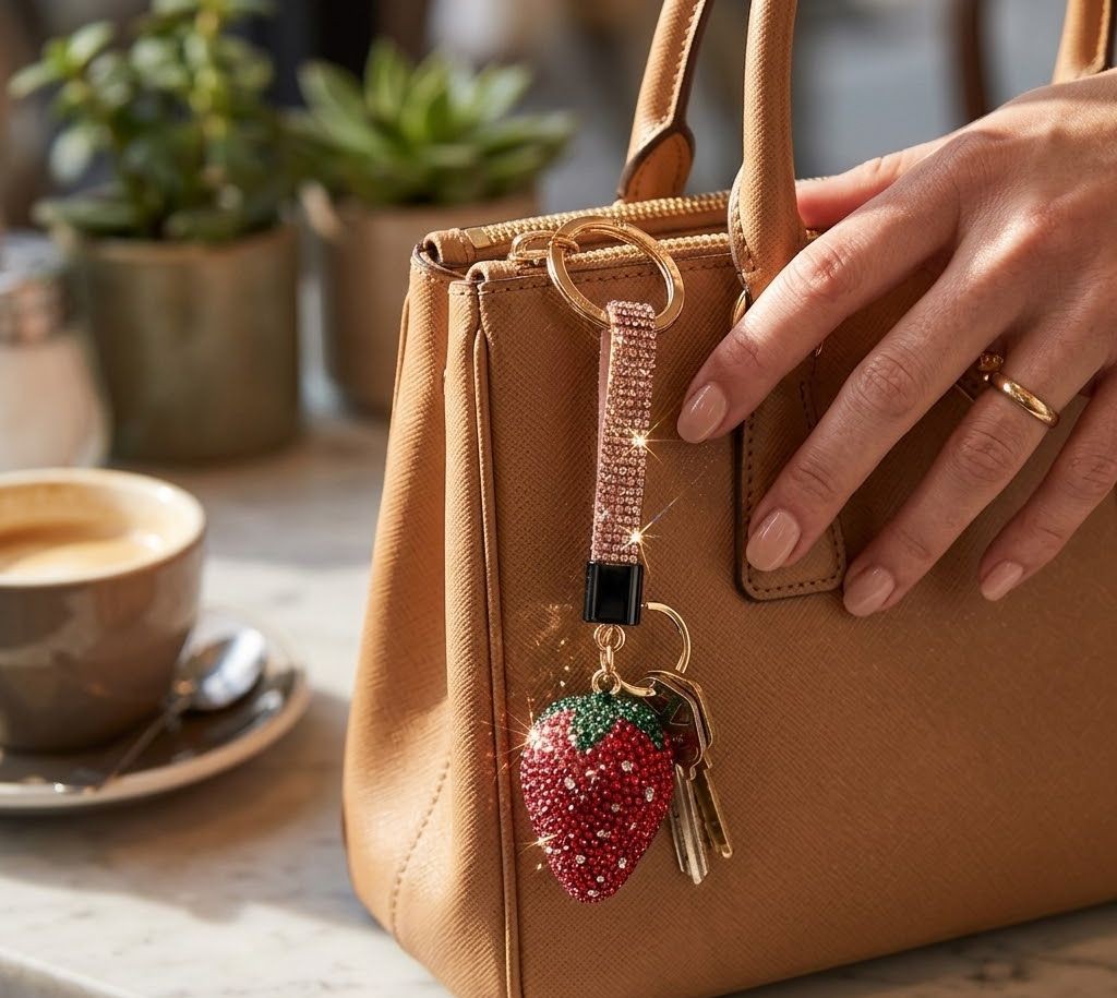 Třpytivý přívěsek na klíče červená jahoda - 3*3*14 cm Clayre & Eef Třpytivý přívěsek na klíče červená jahoda - 3*3*14 cm Clayre & Eef