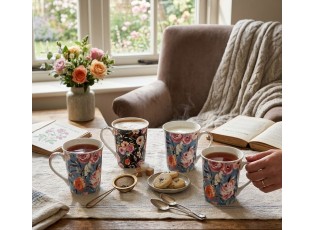 Sada 4ks modrý a černý porcelánový hrnek s květy - 12* 8*10 cm / 300 ml