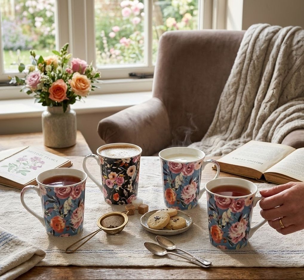 Sada 4ks modrý a černý porcelánový hrnek s květy - 12* 8*10 cm / 300 ml Clayre & Eef Sada 4ks modrý a černý porcelánový hrnek s květy - 12* 8*10 cm / 300 ml Clayre & Eef