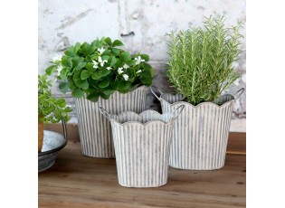3ks dekorační plechový antik květináč s drážkami French Chic - 19*14*18 cm